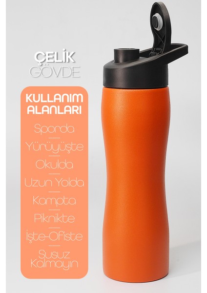 Komple Paslanmaz Çelik Matara Geniş Ağız Mat Renk Spor Matarası Suluğu 304 Çelik Suluk Turuncu 1153
