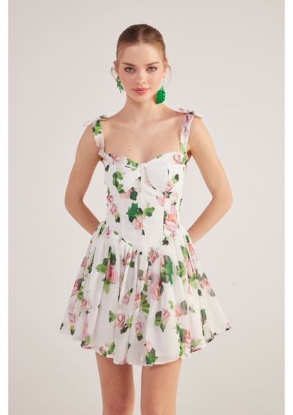Askıları Kurdeleli Gloplu Çiçekli Mini Şifon Esther Elbise Beyaz fiyatları