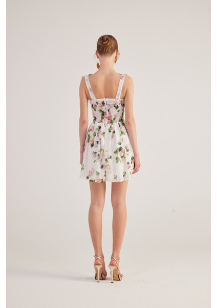 Askıları Kurdeleli Gloplu Çiçekli Mini Şifon Esther Elbise Beyaz indirimleri