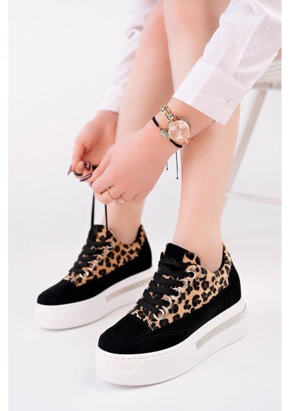 Gizli Dolgu Topuk Siyah Leopar Ayakkabı