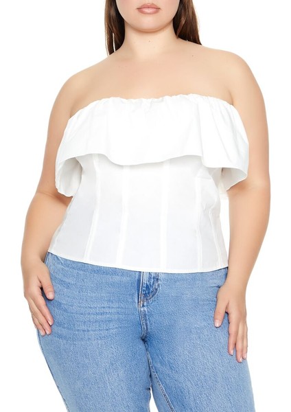 Plus Curve Poplin Volanlı Straplez Büstiyer