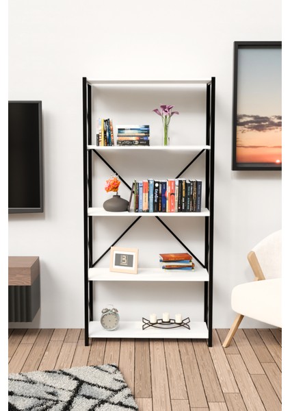 5 geniş raflı kitaplık metal çerçeveli modern raf çalışma odası ofis salon kitaplığı evrak rafı