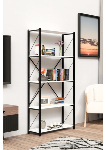 5 geniş raflı kitaplık metal çerçeveli modern raf çalışma odası ofis salon kitaplığı evrak rafı fiyatları