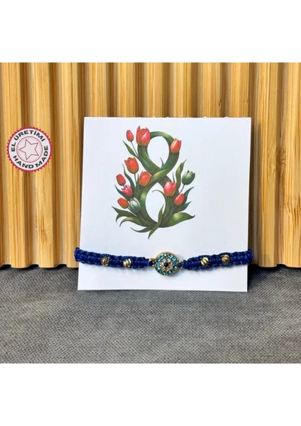 7104 El Yapımı Zirkon Taşlı Nazar Boncuğu Detaylı Dorikalı Makrome Bileklik