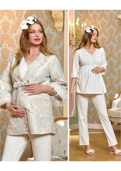 Kadın Krem Lohusa 3'lü Pijama Takımı 25151