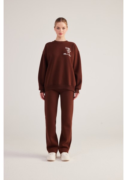 Oversize Kesim Unisex Gaslighting Sweatshirt Kahve