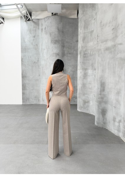 Kadın Çizgili Kruvaze Yaka Tek Düğmeli Yelek Pantolon Takım fiyatları