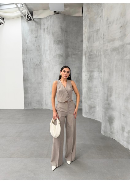 Kadın Çizgili Kruvaze Yaka Tek Düğmeli Yelek Pantolon Takım fırsatları