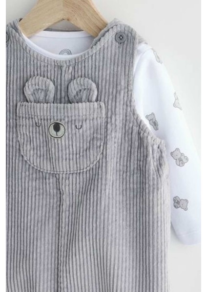 Pamuklu Gri Ayı Desenli Salopet Body Zıbın Set modelleri