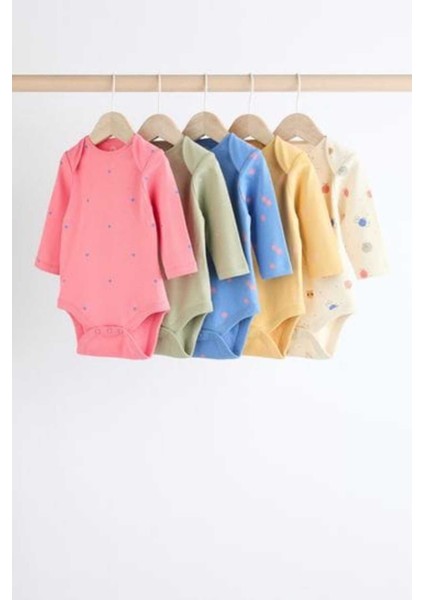 % 100 Pamuklu Pembe Çiçek Desenli Uzun Kollu 5'li Body Zıbın Set