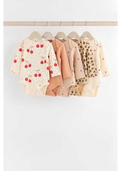 % 100 Pamuklu Krem Kahve Kiraz Desenli Uzun Kollu 5'li Body Zıbın Set