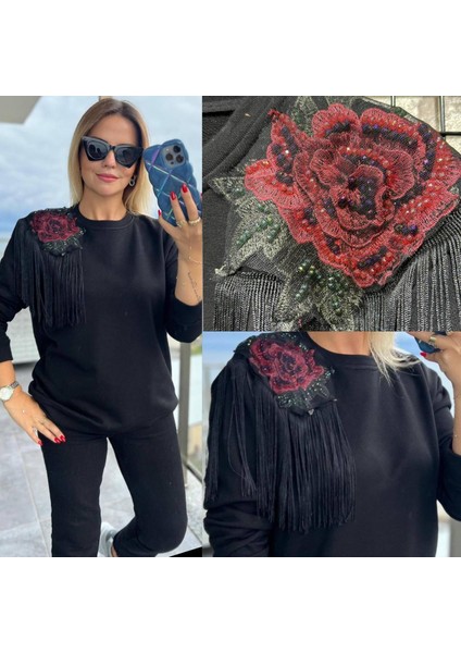 Tasarım Omuzu Motifli ve Taşlı Püskül Detaylı Sweatshirt