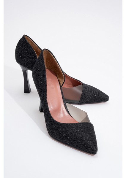 653 Siyah Simli Topuklu Kadın Ayakkabı – Tekstil ve Suni Deri, Neolit Tabanlı, Günlük Rahat Bağcıksız Tasarım
