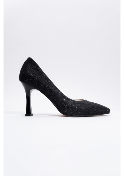 653 Siyah Simli Topuklu Kadın Ayakkabı – Tekstil ve Suni Deri, Neolit Tabanlı, Günlük Rahat Bağcıksız Tasarım modelleri