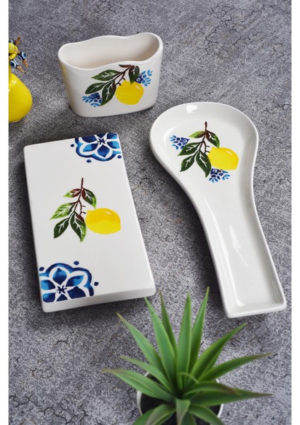 3’lü Mutfak Seti Limon Desen Kaşıklık Kaşık Altlığı Süngerlik Yağdanlık Altı
