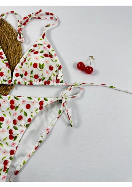 Kiraz Desenli Ipli Üçgen Bikini Takımı fiyatları