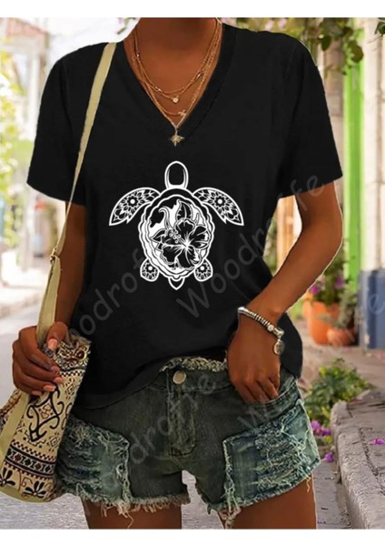 Kadın V Yaka Siyah Hayvan Dostu Baskılı T-Shirt Salaş Rahat Kesim Boyfirend