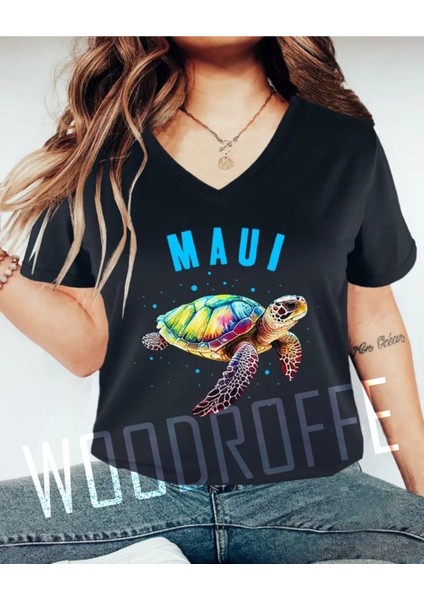 Kadın V Yaka Siyah Baskılı T-Shirt Salaş Rahat Kesim Boyfirend