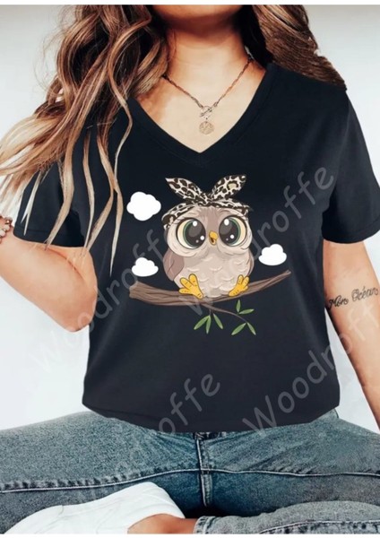 Kadın V Yaka Siyah Hayvan Dostu Baskılı T-Shirt Salaş Rahat Kesim Boyfirend