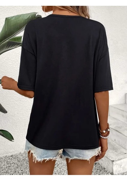 Kadın V Yaka Siyah Hayvan Dostu Baskılı T-Shirt Salaş Rahat Kesim Boyfirend modelleri