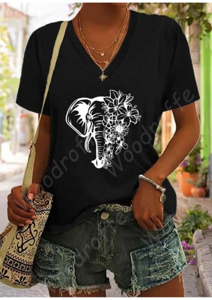 Kadın V Yaka Siyah Hayvan Dostu Baskılı T-Shirt Salaş Rahat Kesim Boyfirend