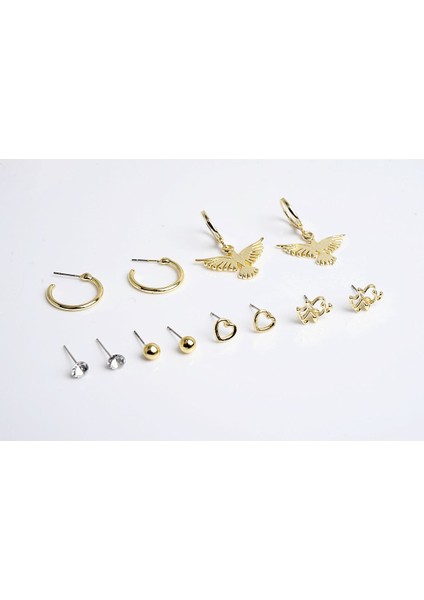 Kuş Kalp ve Köpek Figürlü Gold Renkli Halka Tektaş ve Top Küpeli 6lı Unisex Küpe Seti