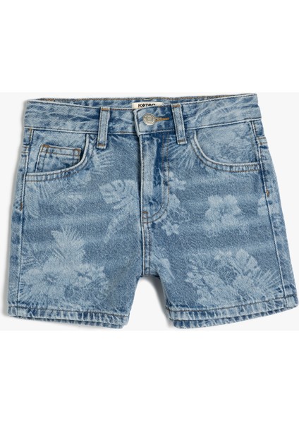 Çiçek Desenli Cepli Pamuklu Denim Şort