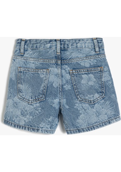 Çiçek Desenli Cepli Pamuklu Denim Şort