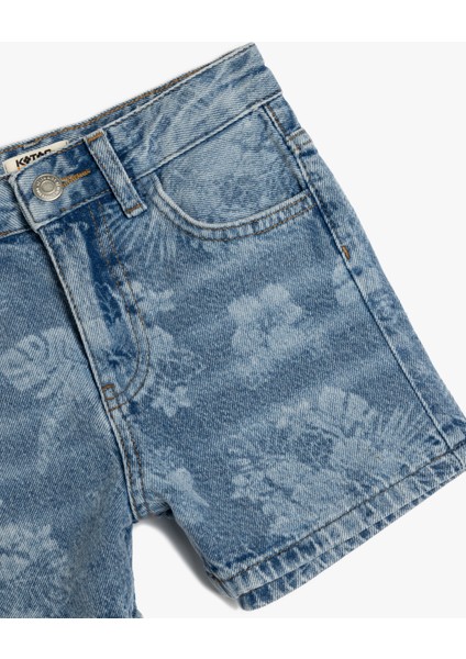 Çiçek Desenli Cepli Pamuklu Denim Şort
