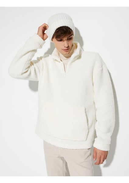 Peluş Sweatshirt Yarım Fermuarlı Dik Yaka Cepli
