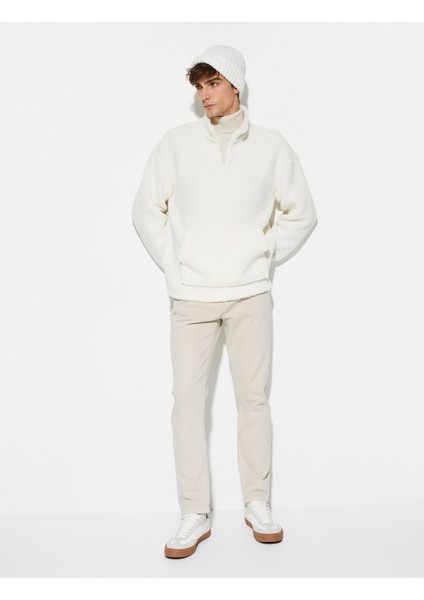Peluş Sweatshirt Yarım Fermuarlı Dik Yaka Cepli