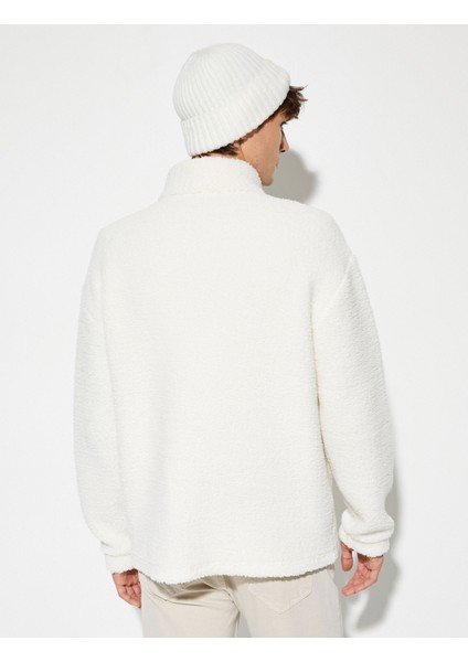 Peluş Sweatshirt Yarım Fermuarlı Dik Yaka Cepli
