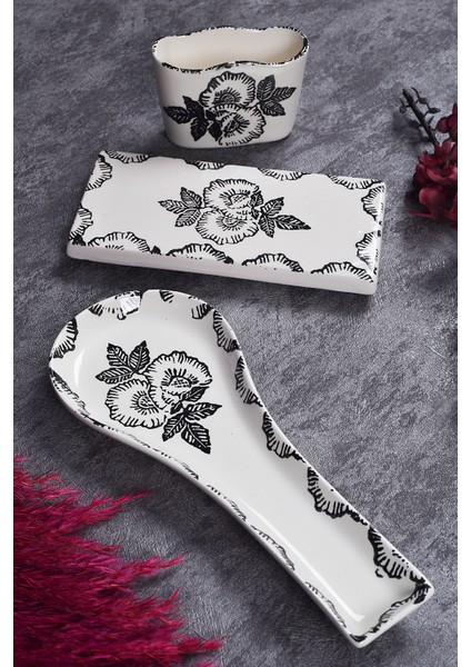 3’lü Mutfak Seti Black Rose Desen Kaşıklık Kaşık Altlığı Süngerlik Yağdanlık Altı
