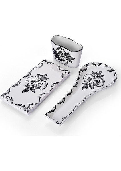 3’lü Mutfak Seti Black Rose Desen Kaşıklık Kaşık Altlığı Süngerlik Yağdanlık Altı fiyatları