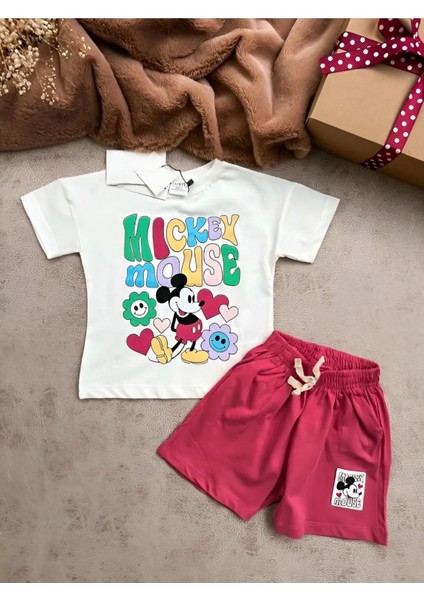Mickey Mouse Baskılı Pamuklu Unisex Gündelik Özel Gün Şort Tişört Takımı