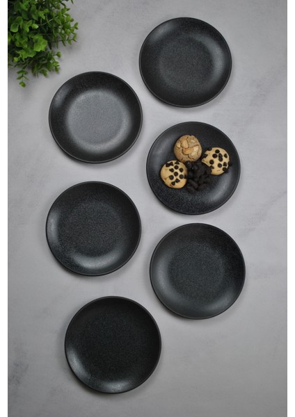 6 Adet Porselen Mini Pasta Tabağı 17 cm Tatlı Tabak Seti-Ikramlık Sunum Siyah