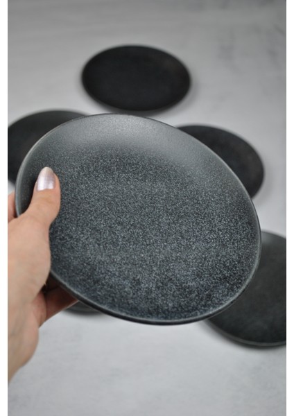 6 Adet Porselen Mini Pasta Tabağı 17 cm Tatlı Tabak Seti-Ikramlık Sunum Siyah
