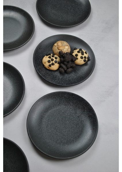 6 Adet Porselen Mini Pasta Tabağı 17 cm Tatlı Tabak Seti-Ikramlık Sunum Siyah