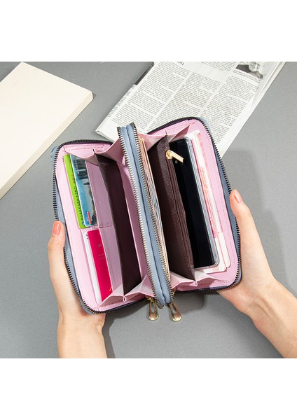 Çift Fermuarlı Cüzdan Bayanlar Uzun Büyük Kapasiteli Çift Katmanlı Cüzdan Baskılı Clutch Cep Telefonu (Yurt Dışından)