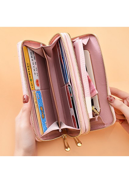 Uzun Cüzdan Bayanlar Büyük Kapasiteli Clutch Kadın Çift Katmanlı Fermuarlı Cep Telefonu Çantası (Yurt Dışından)
