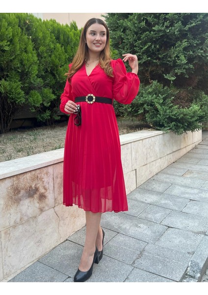 Kadın Şifon Kumaş Astalı Kloş Kesim Kruvaze Yaka Idi Boy Elbise