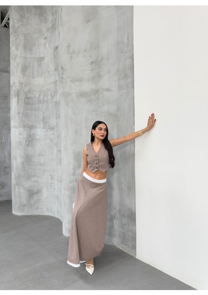 Kadın Çizgili Garnili Midi Boy Çan Etek Yelek Takım