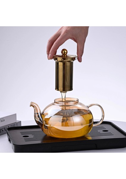 Borosilikat Cam Amber Metal Süzgeçli ve Kapaklı Demlik 1000 ml