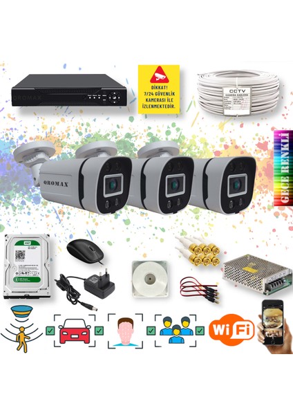 3 Kameralı Set - Yapay Zeka Özellikli Gece Renkli Gösteren 5MP SONY Lensli 4 Ultra Warm Ledli FULLHD Güvenlik Kamerası Seti 604W-104