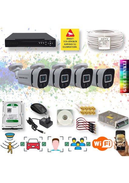 4 Kameralı Set - Yapay Zeka Özellikli Gece Renkli Gösteren 5MP SONY Lensli 4 Ultra Warm Ledli FULLHD Güvenlik Kamerası Seti 604W-104