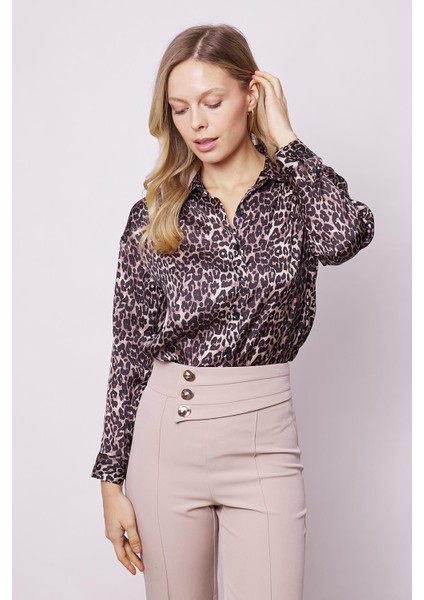 Kadın Desenli Likrasız Kumaş Yakalı Düşük Omuzlu Uzun Kol Gömlek-Leopar fiyatları