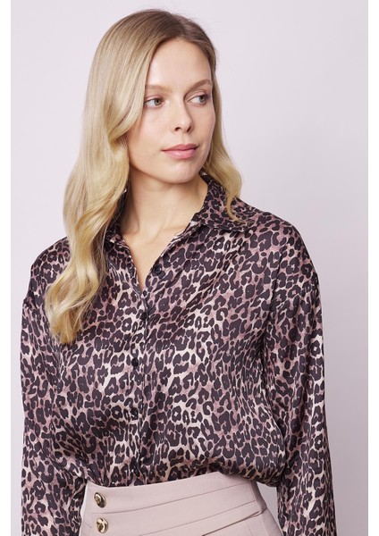 Kadın Desenli Likrasız Kumaş Yakalı Düşük Omuzlu Uzun Kol Gömlek-Leopar fırsatları