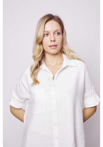 Kadın Keten Görünümlü Kolu Katlanabilir Rahat Kesim Uzun Tunik Gömlek-Krem