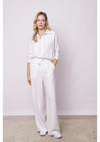 Kadın Keten Görünümlü Kolu Katlanabilir Rahat Kesim Uzun Tunik Gömlek-Krem fiyatları