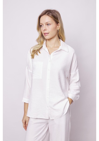 Kadın Keten Görünümlü Kolu Katlanabilir Rahat Kesim Uzun Tunik Gömlek-Krem modelleri